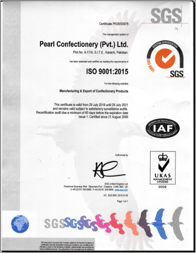 ISO 9001:2015 certificate for Pearl Confectionery